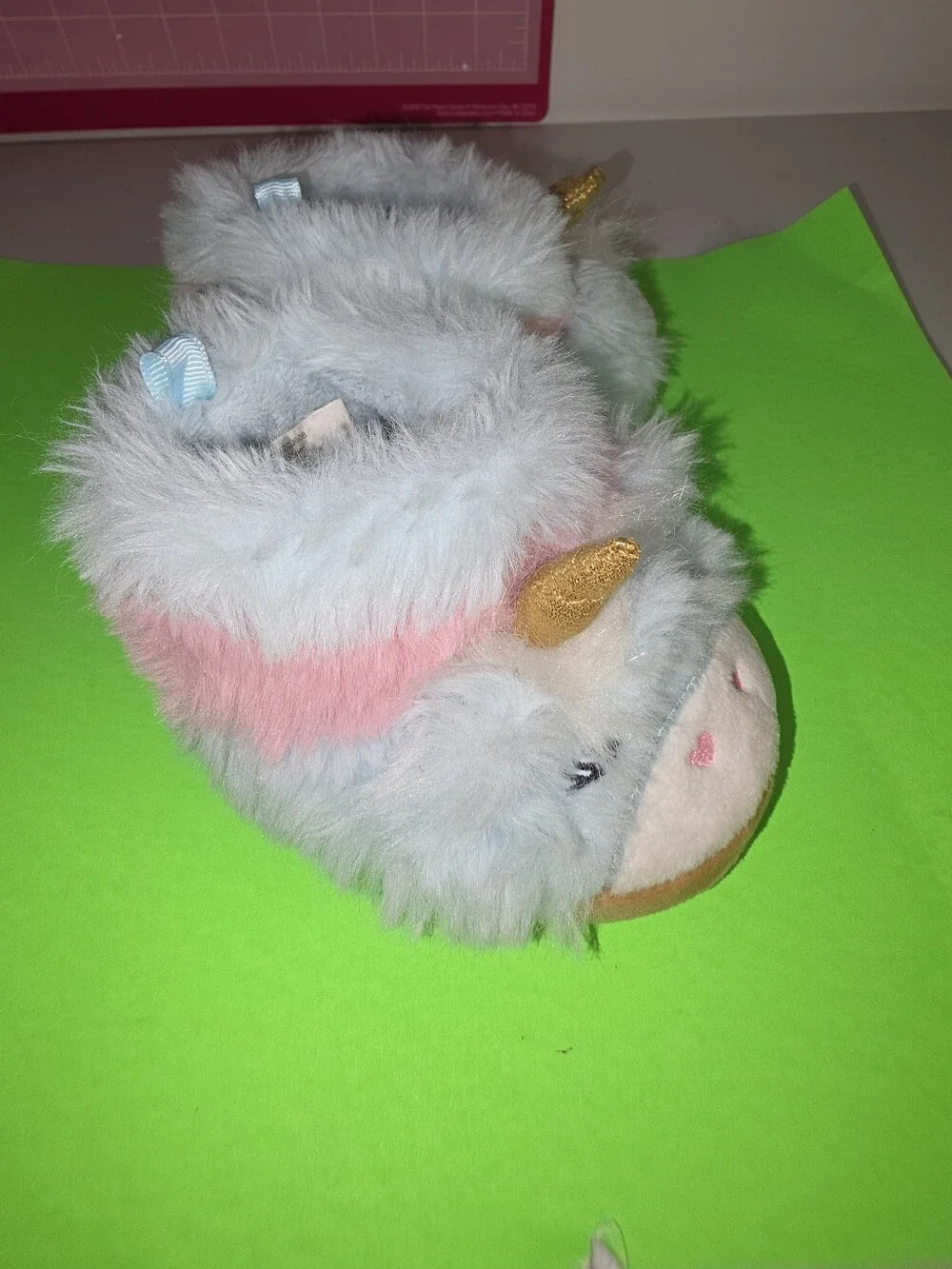 wonder nation Plush Unicorn Bootie Slippers Light Blue & Pink Gold Horn Sz 3